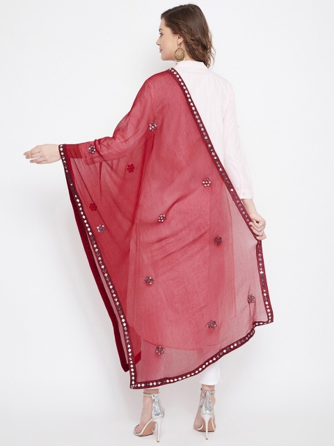 Clora Creation Maroon Embroidered Chiffon Dupatta with Mirror Work - Image 4