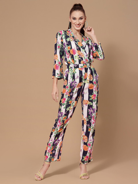 KASSUALLY Women White & Green Printed Basic Jumpsuit