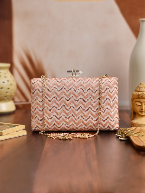 ARTKLIM Peach-Coloured & Gold-Toned Embroidered Box Clutch