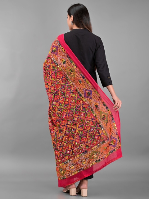 Apratim Women Red & Green Embroidered Cotton Blend Dupatta with Mirror Work - Image 5