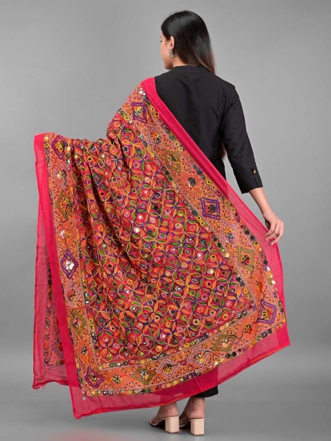 Apratim Women Red & Green Embroidered Cotton Blend Dupatta with Mirror Work - Image 4