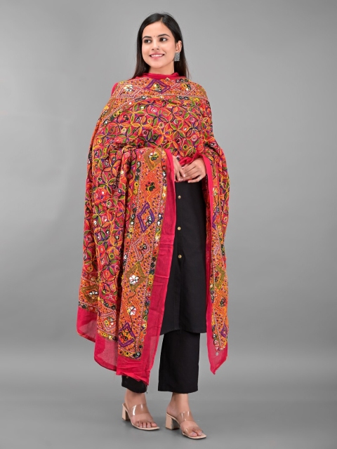 Apratim Women Red & Green Embroidered Cotton Blend Dupatta with Mirror Work - Image 3