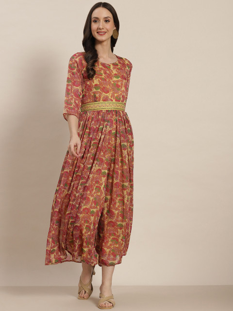 Juniper Beige & Red Ethnic Motifs Printed Basic Jumpsuit