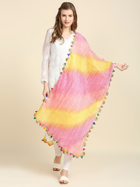 Dupatta Bazaar Pink & Yellow Printed Tie and Dye Dupatta