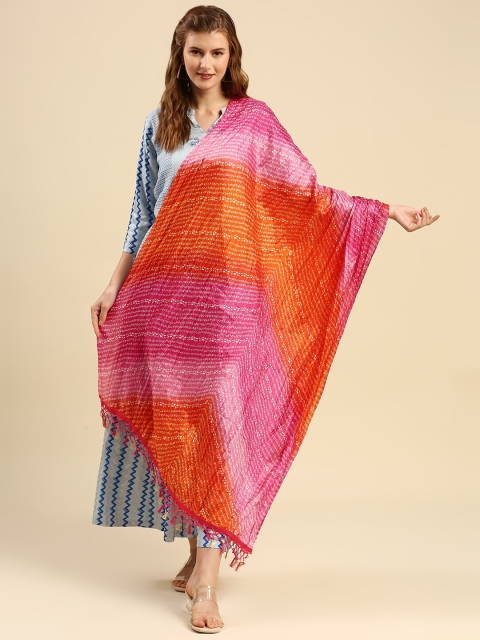 Dupatta Bazaar Pink & Orange Printed Dupatta