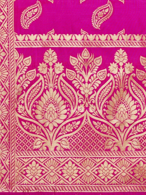 MORLY Women Pink & Gold-Toned Ethnic Motifs Woven Design Banarasi Silk Dupatta with Tassel - Image 2