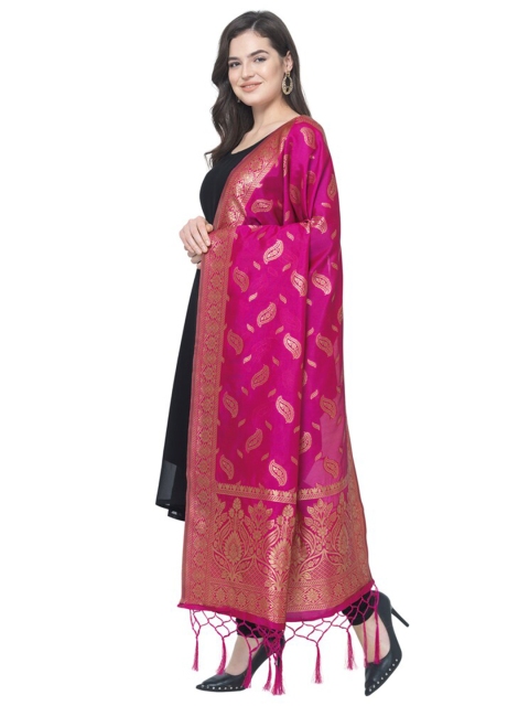 MORLY Women Pink & Gold-Toned Ethnic Motifs Woven Design Banarasi Silk Dupatta with Tassel - Image 3