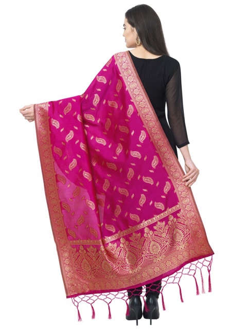MORLY Women Pink & Gold-Toned Ethnic Motifs Woven Design Banarasi Silk Dupatta with Tassel - Image 4