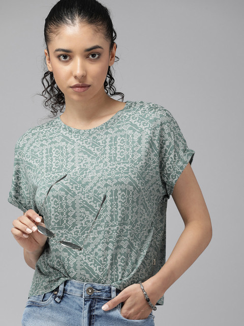 The Roadster Lifestyle Co. Women Printed Extended Sleeves Boxy Fit Crop T-shirt