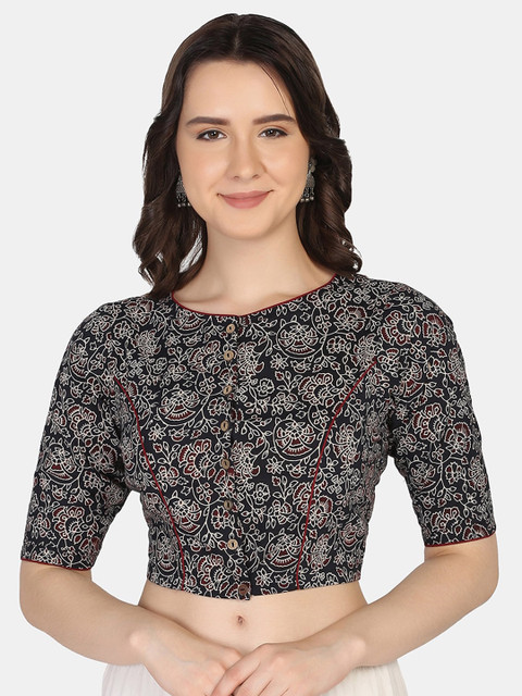 THE WEAVE TRAVELLER Black Hand Block Printed Cotton Ready To Wear Saree Blouse