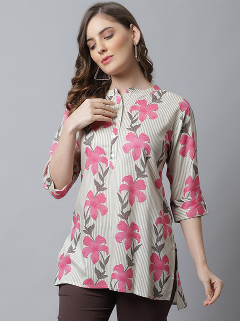 Pistaa Pink & Grey Floral Printed Kurti