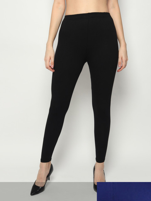 KEX Women Pack of 2 Blue & Black Solid Cotton Ankle Length Leggings