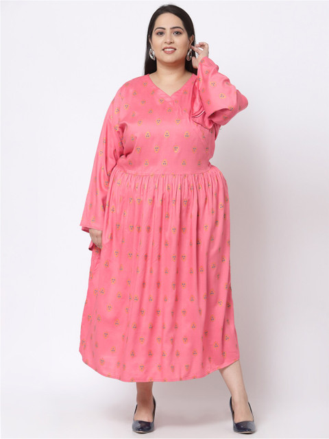 KLOTTHE Women Plus Size Orange Floral Maxi Dress