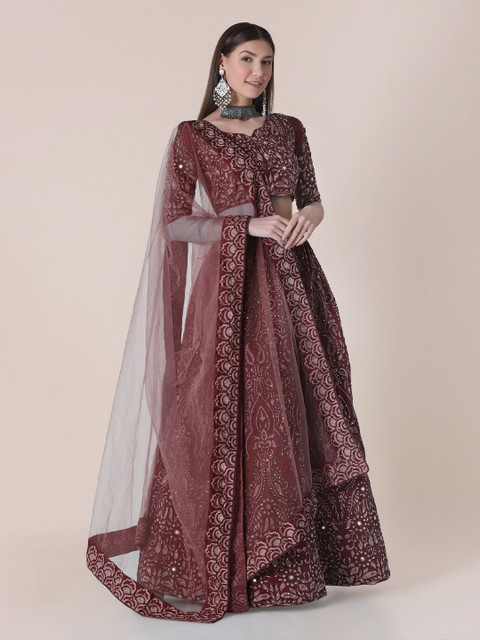 Warthy Ent Maroon & White Embroidered Thread Work Semi-Stitched Lehenga & Unstitched Blouse With Dupatta - Image 3