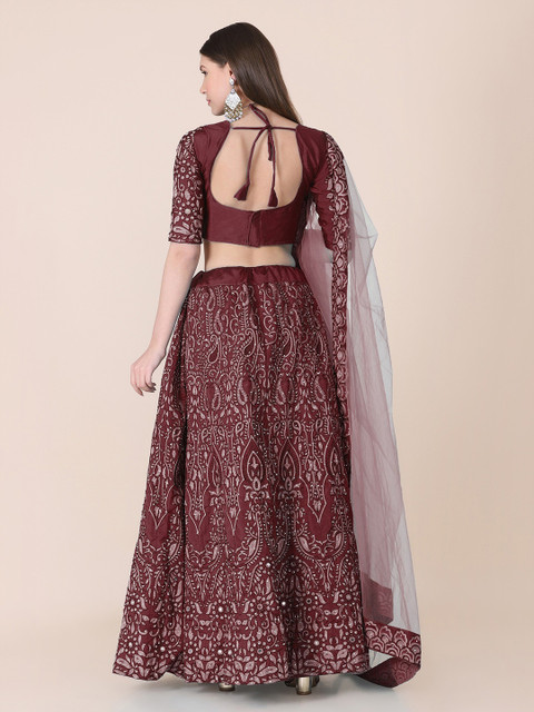 Warthy Ent Maroon & White Embroidered Thread Work Semi-Stitched Lehenga & Unstitched Blouse With Dupatta - Image 5