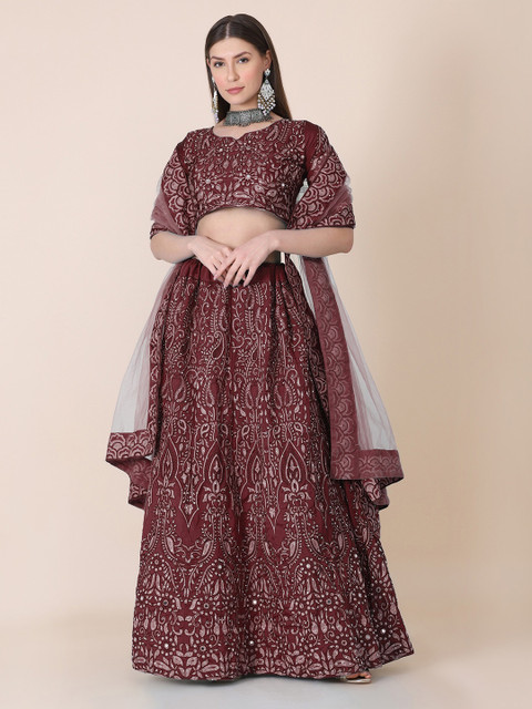 Warthy Ent Maroon & White Embroidered Thread Work Semi-Stitched Lehenga & Unstitched Blouse With Dupatta - Image 6
