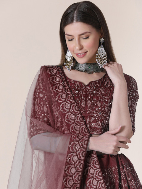 Warthy Ent Maroon & White Embroidered Thread Work Semi-Stitched Lehenga & Unstitched Blouse With Dupatta - Image 2