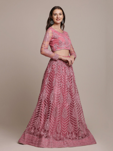 Warthy Ent Pink & Silver-Toned Embroidered Thread Work Semi-Stitched Lehenga & Unstitched Blouse With - Image 6