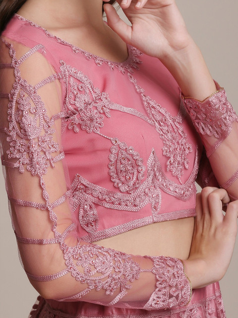 Warthy Ent Pink & Silver-Toned Embroidered Thread Work Semi-Stitched Lehenga & Unstitched Blouse With - Image 7