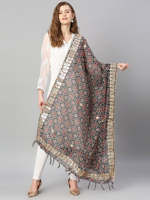 Dupatta Bazaar Black & Maroon Ethnic Motifs Embroidered Dupatta with Gotta Patti