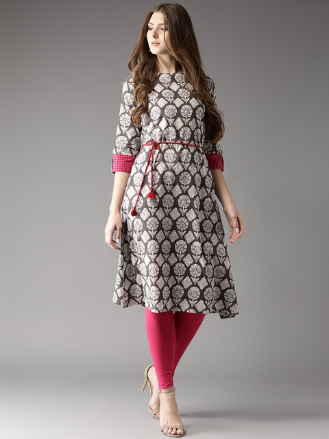 HERE&NOW Grey & White Ethnic Motifs Printed Cotton Kurta