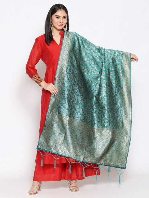 Dupatta Bazaar Teal & Gold-Toned Ethnic Motifs Woven Design Dupatta