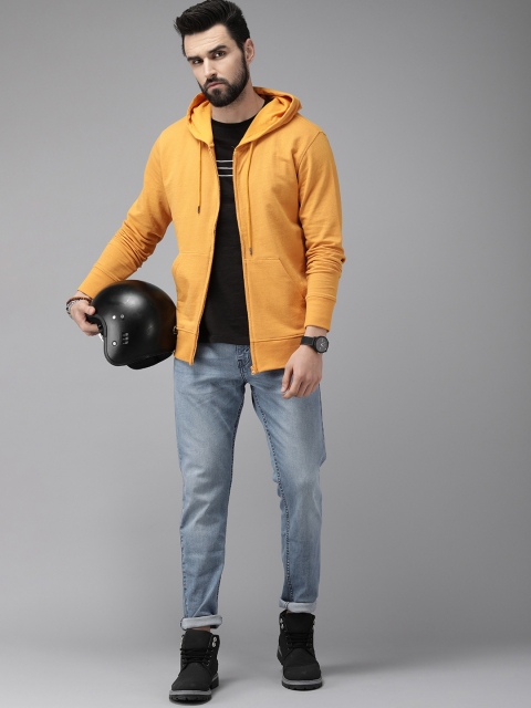 Roadster Men Yellow Solid Hooded Sweatshirt - Image 5