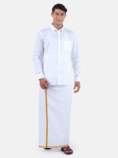 Ramraj Men White Solid PolyCotton Shirt with gold border White Dhoti