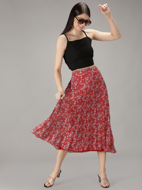 NUEVOSDAMAS Women Red & White Floral Printed A-Line Knee-Length Skirts - Image 4