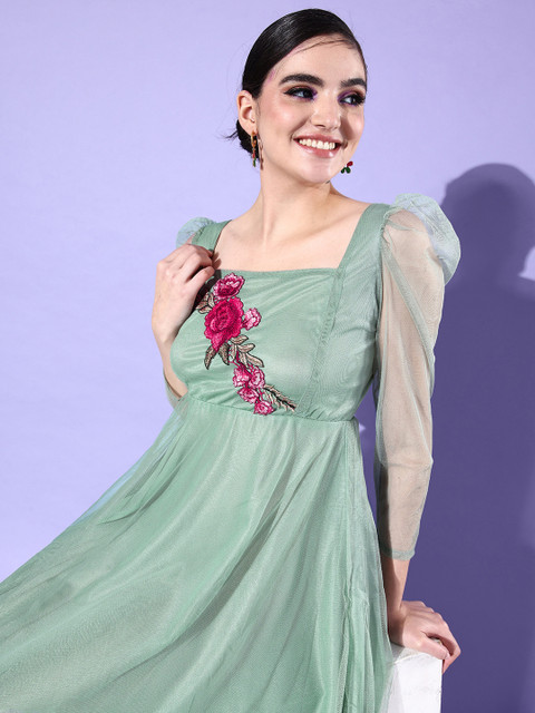 U&F Green Solid Net Maxi Dress