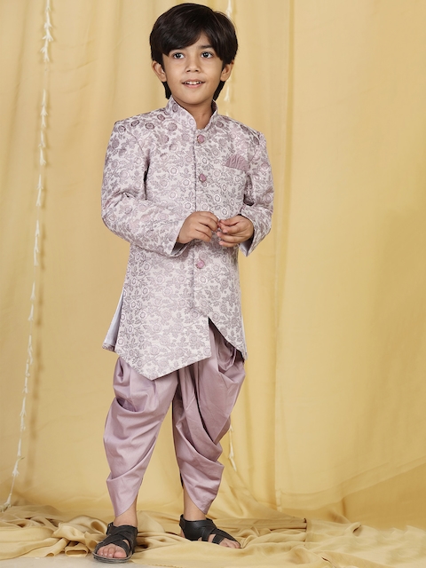 Aj DEZInES Kids Purple Jacquard Sherwani With Dhoti Pants For Boys