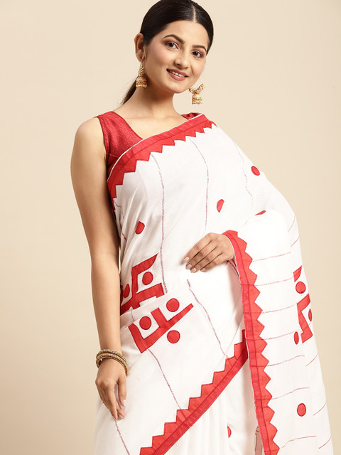 DESH BIDESH White & Red Printed Pure Cotton Taant Saree