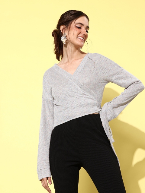 Athena Women Grey Woollen Sweater with Fuzzy Detail - Image 3