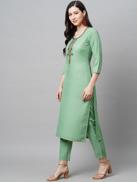 KALINI Women Green Embroidered Thread Work Kurta with Trousers & Dupatta