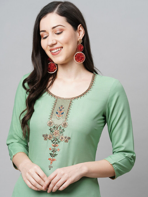 KALINI Women Green Embroidered Thread Work Kurta with Trousers & Dupatta