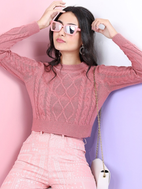 Tokyo Talkies Women Rust Cable Knit Crop Pullover