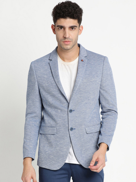 Turtle Men Blue Solid Single-Breasted Blazer