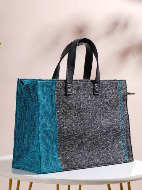 Nestasia Teal & Charcoal Colourblocked Eco Friendly Jute Lunch Bag