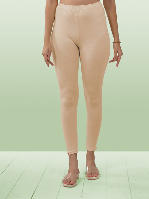 LYRA Women Beige Solid Cotton Ankle-Length Leggings
