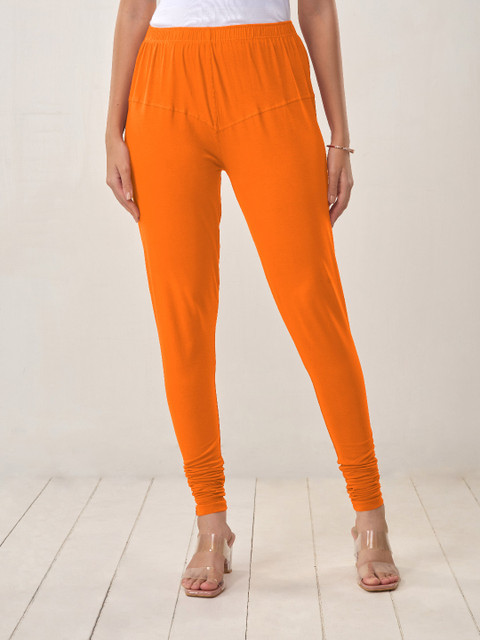 LYRA Women Orange Solid Churidar Length Leggings