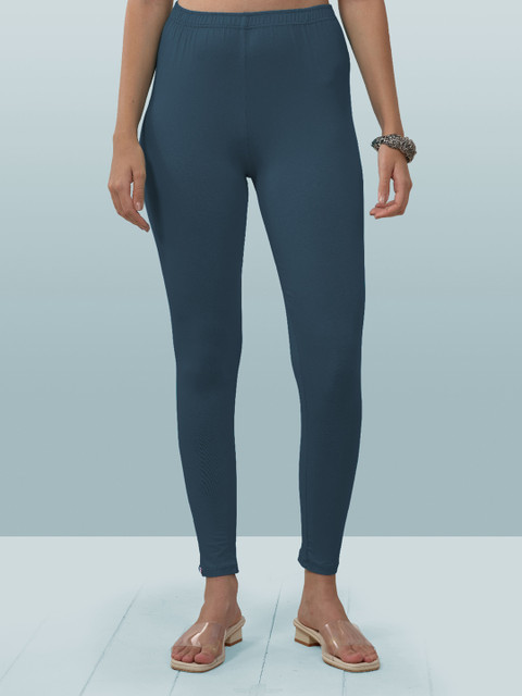 LYRA Women Blue Solid Cotton Ankle-Length Leggings