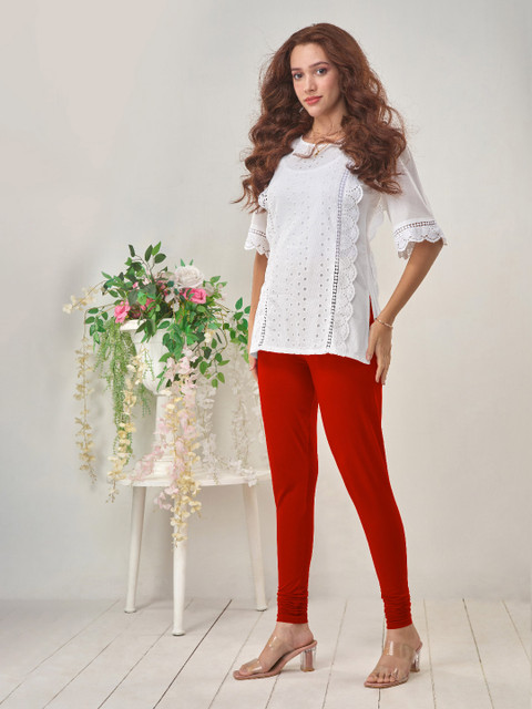 LYRA Women Red Solid Churidar-Length Leggings - Image 6