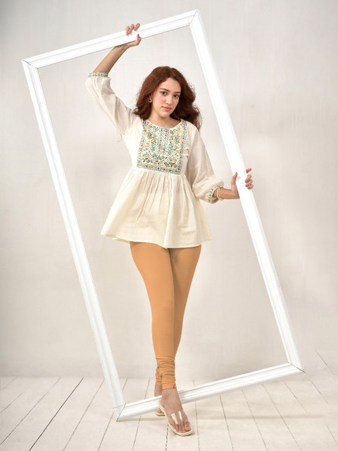 LYRA Women Beige Solid Churidar Length Leggings