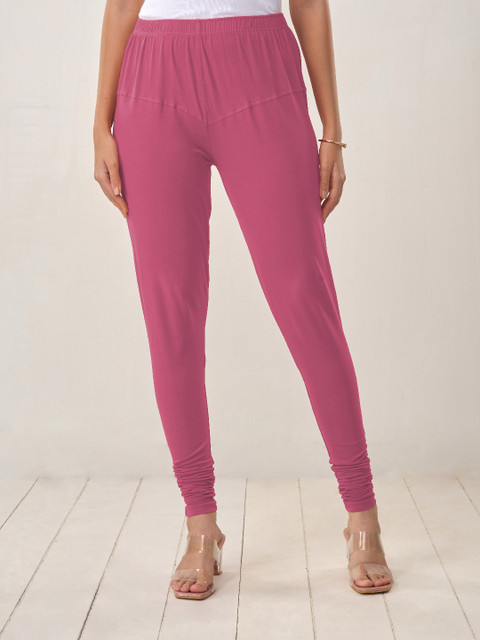 LYRA Women Fuchsia Pink Solid Cotton Churidhar Length Leggings - Image 2