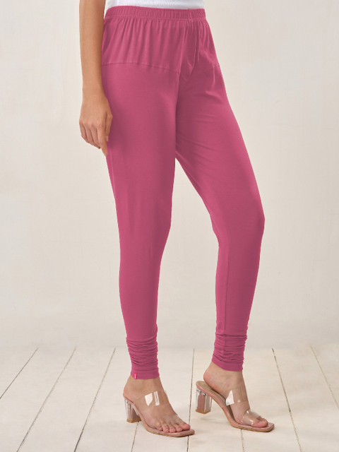 LYRA Women Fuchsia Pink Solid Cotton Churidhar Length Leggings - Image 4