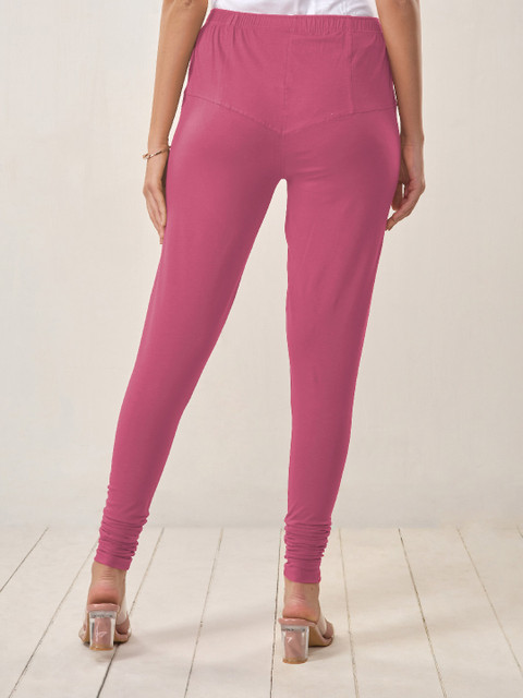 LYRA Women Fuchsia Pink Solid Cotton Churidhar Length Leggings - Image 3