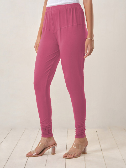 LYRA Women Fuchsia Pink Solid Cotton Churidhar Length Leggings - Image 5