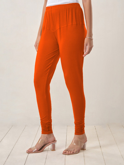 LYRA Women Orange Solid Cotton Churidar Leggings - Image 4