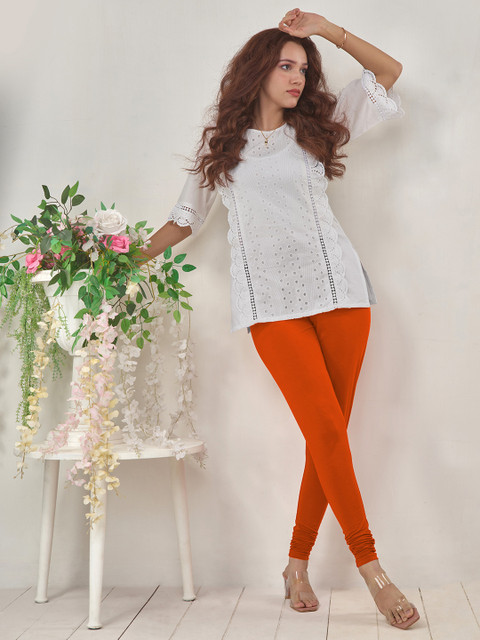 LYRA Women Orange Solid Cotton Churidar Leggings