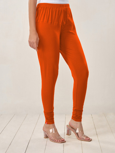 LYRA Women Orange Solid Cotton Churidar Leggings - Image 3